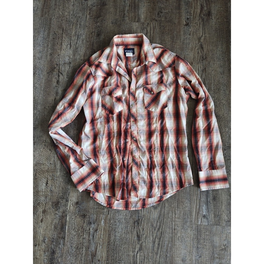 Wrangler Men's Cotton Blend Button Down Long Sleeve Orange And Navy Plaid Shirt